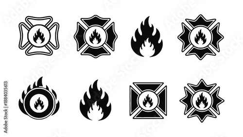 A collection of fire department logos and icons in black and white