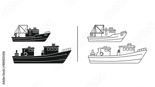 black and white illustration of multiple fishing boats and vessels in a row