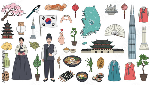 Vibrant collection of South Korean cultural symbols traditional clothing food and famous national landmarks.
