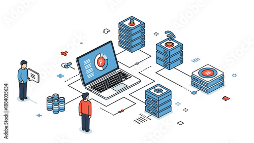 Modern isometric illustration of a computer network system connecting people data servers and global information.