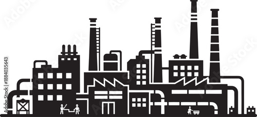 Black silhouette of a large industrial factory complex with smokestacks and pipes black and white