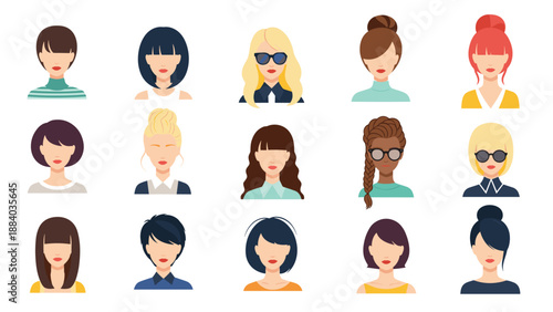 Diverse collection of female character avatars showing various hairstyles ethnicities and fashion styles in a grid.