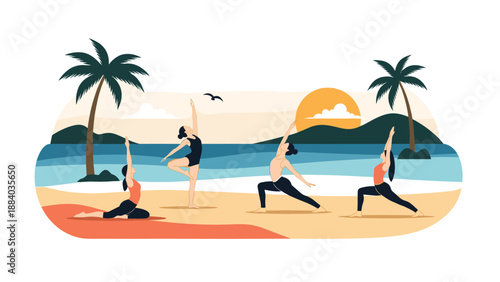 Group of active people practices various yoga poses on a beautiful tropical beach at sunset for health and relaxation.