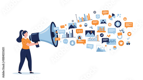 Creative woman uses a loud megaphone to spread various digital media social content and communication icons to her audience.