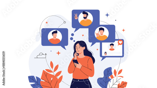 Thoughtful young woman looks at her smartphone while floating social media profile bubbles appear around her.