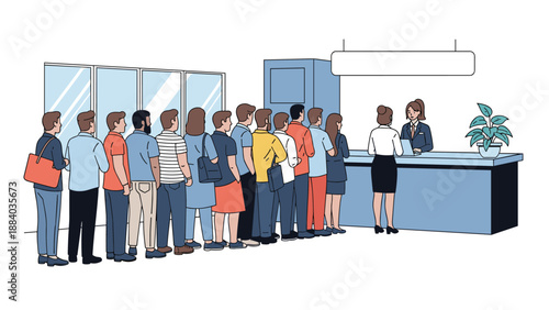 Long line of diverse people waiting patiently at a modern office reception or service desk with staff ready to assist customers.