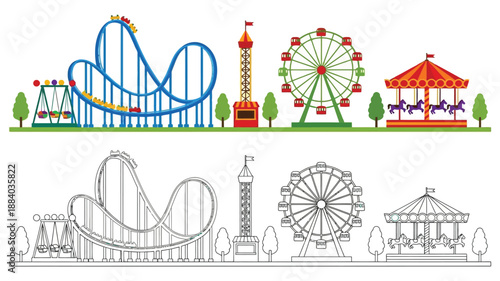 an illustration showcasing a colorful amusement park with roller coasters and carnival rides