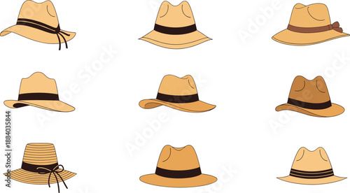 Straw hat collection vector illustration set featuring summer beach headwear, casual fashion accessories, and stylish woven hats isolated on white background