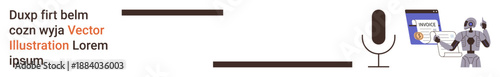 Artificial intelligence, voice recognition, secure transactions, automation, machine learning, digital security. Microphone with an AI robot beside a secure transaction screen. Voice recognition