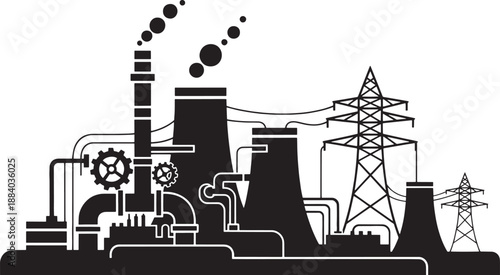 Black silhouette of a power plant with cooling towers and transmission towers industry factory