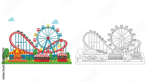 amusement park illustration featuring a roller coaster and a colorful ferris wheel