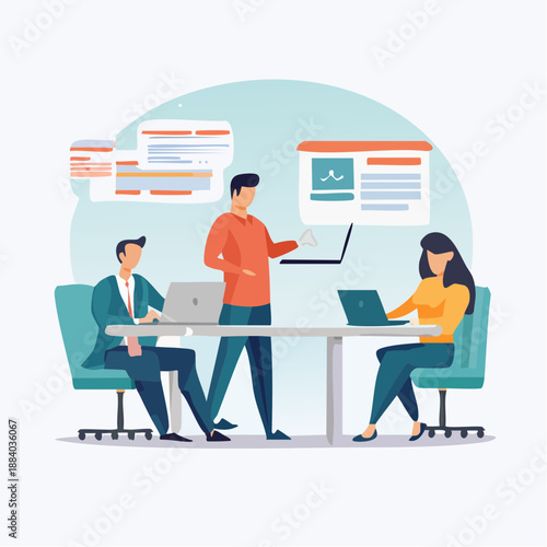 Three professionals collaborating around a table, discussing and working on laptops in a modern office setting from a slight overhead viewpoint