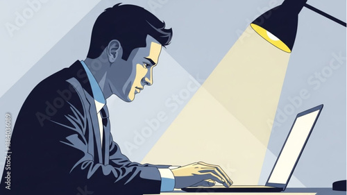 Man in Suit Working on Laptop Under Desk Lamp.