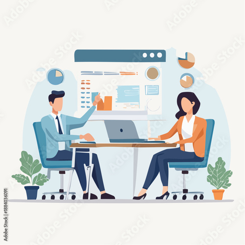 Two professionals collaborating at a desk with laptops and charts in a modern office setting