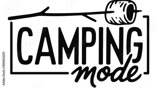 A black and white illustration of a camping logo with a marshmallow