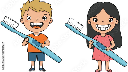 A cartoon boy and girl holding large toothbrushes with smiles