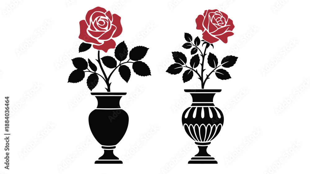 Obraz premium Two red roses in black and white vases on a plain background