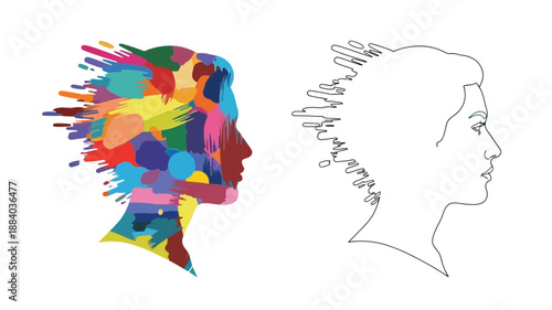 colorful abstract human head profile with a simple line drawing outline