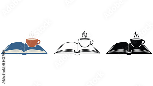 Three icons of steaming coffee cups on open books in different colors