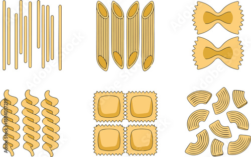Italian Pasta Shapes Outline Icon Set  Spaghetti, Penne & Farfalle
