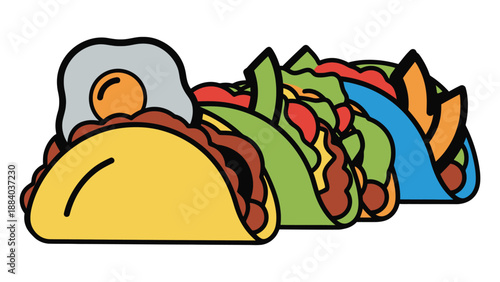 A colorful cartoon illustration of tacos with various toppings and fillings.