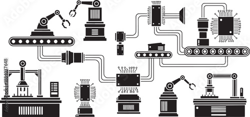 Black sketched industrial robotic arms and conveyor belts with microchips factory automation