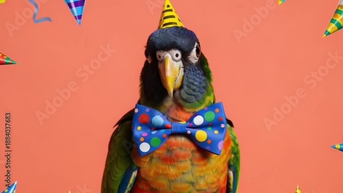 4K Party Parrot Video: Vibrant Bird in Yellow Hat & Polka-Dot Bow Tie with Floating Hats & Streamers