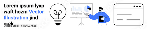 Business strategy, education, technology, design, innovation, online learning. Man explaining charts, light bulb icon text snippet and web interface. Business strategy and innovation concept