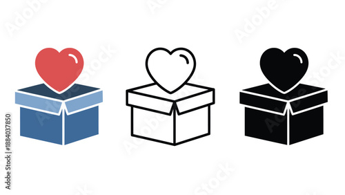 Three gift boxes with hearts on top in different colors and styles