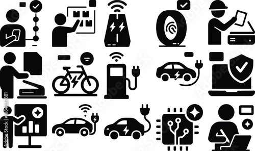 Industrial Automation - Black And White Vector Silhouette Set