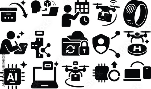 Cyber Security - Black And White Vector Silhouette Set