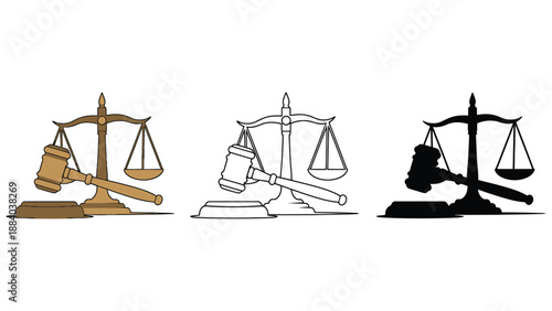 Three illustrations of justice scales and gavel in different colors and styles