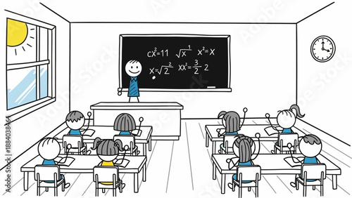 Teacher Explaining Math Equations on Blackboard to Students in Classroom