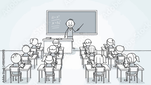 Teacher Instructing Students in a Classroom with Blackboard and Equations