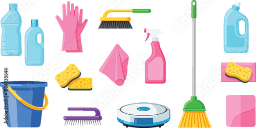 House cleaning supplies and tools collection vector illustration set featuring detergents, gloves, mop, bucket, sponge, and household cleaning equipment