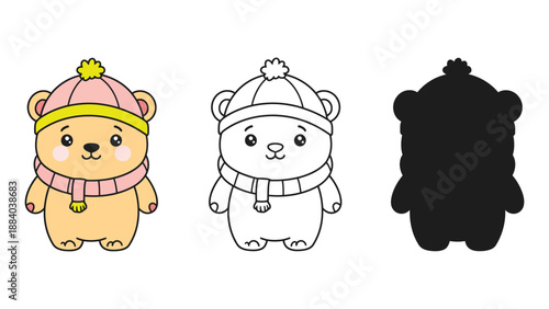 A set of cartoon bears wearing winter hats and scarves in different colors and styles