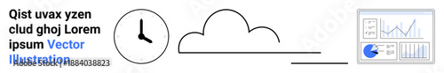 Clock representing time, cloud for storage, and analytics dashboard illustrating data insights. Ideal for time tracking, cloud computing, productivity tools, research, analysis, organization