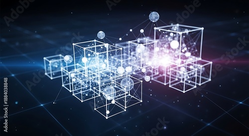 A futuristic digital illustration of glowing white 3d cubes and geometric shapes in a dark blue space background