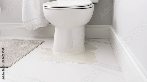 Leaking toilet with water puddle on bathroom floor 