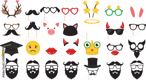 Funny photo booth props vector illustration set with glasses, mustaches, beards, emojis, and party accessories for celebrations and events