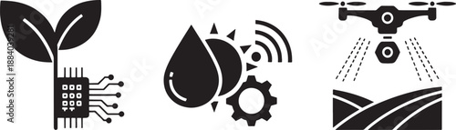 Black sketched of agriculture technology plant drone and water