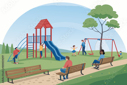 Modern Park Playground Family Illust