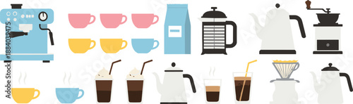 Coffee brewing equipment and cafe drink collection vector illustration set featuring espresso machine, cups, kettles, grinders, and barista tools