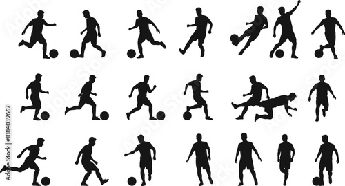 Soccer player silhouette collection vector illustration set showing football athletes dribbling, kicking, running, and action poses isolated on white