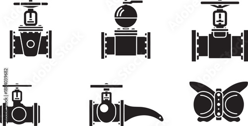 Black sketched of industrial valves and a butterfly on white background pipe fitting plumbing