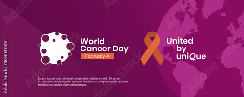Modern flat World Cancer Day United by Unique banner with cancer cell and solidarity ribbon. Perfect for premium branding, NGOs, Education, digital campaigns and healthcare communication.