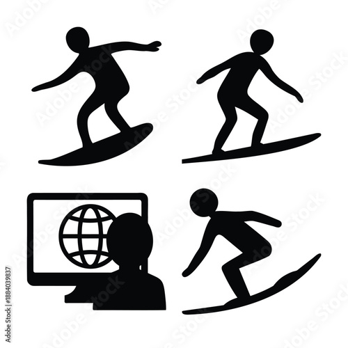 Surfing waves and the internet: silhouettes depicting outdoor sport and online browsing
