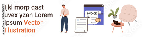 Business finance, office work, digital billing, financial organization, modern workspace, remote work. Businessman standing, digital invoice app papers laptop on desk. Business finance and office