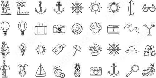 Summer travel outline icon set vector illustration featuring beach, vacation, sea, nautical, and holiday symbols in clean minimal line style