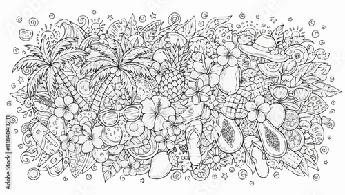 Tropical Summer Vacation Doodle Art with Fruits and Flowers.